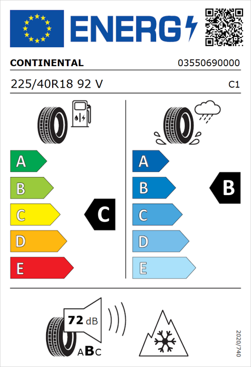 Tyre Label for Continental AllSeasonContact 225/40R18 92V