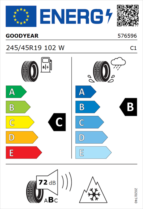 Tyre Label for Goodyear Vector 4Seasons Gen-3 245/45R19 102W