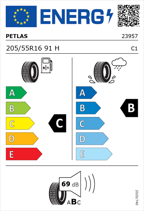 Tyre Label for Petlas Progreen PT525 205/55R16 91H