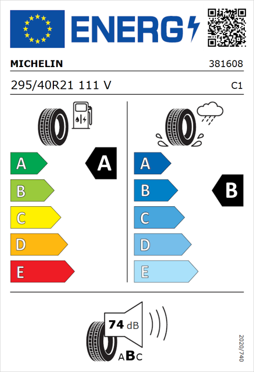 Tyre Label for Michelin Pilot Sport EV 295/40R21 111V