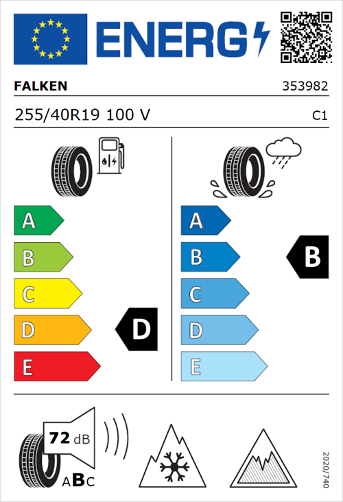 Tyre Label for Falken Eurowinter HS02 Pro 255/40R19 100V