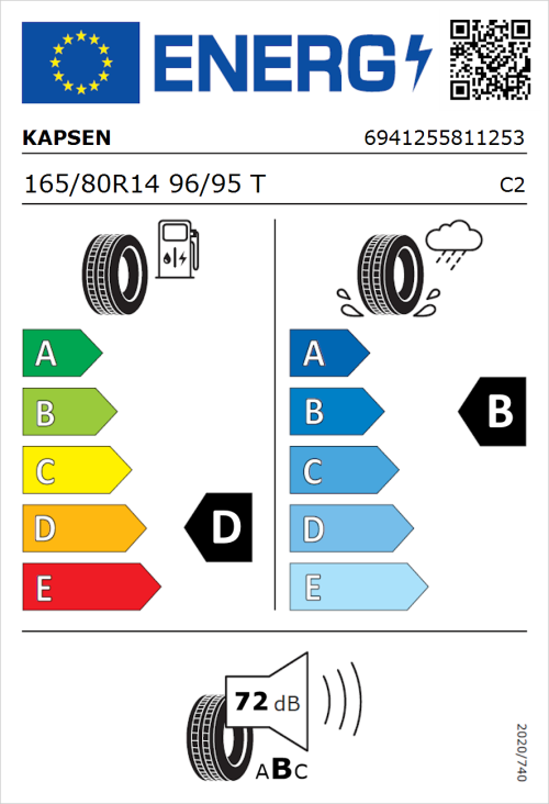 Tyre Label for Kapsen RS01 165/80R14 96/95T