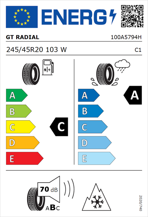 Tyre Label for GT Radial Climate Active 245/45R20 103W