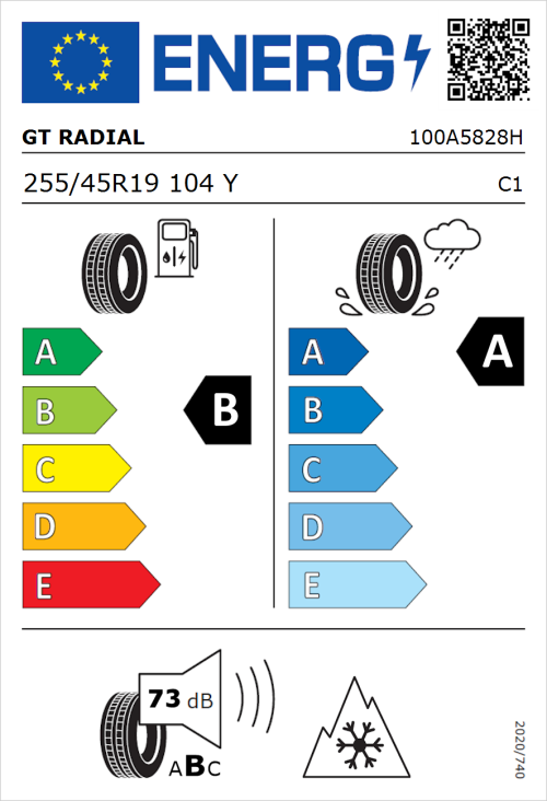 Tyre Label for GT Radial Climate Active 255/45R19 104Y