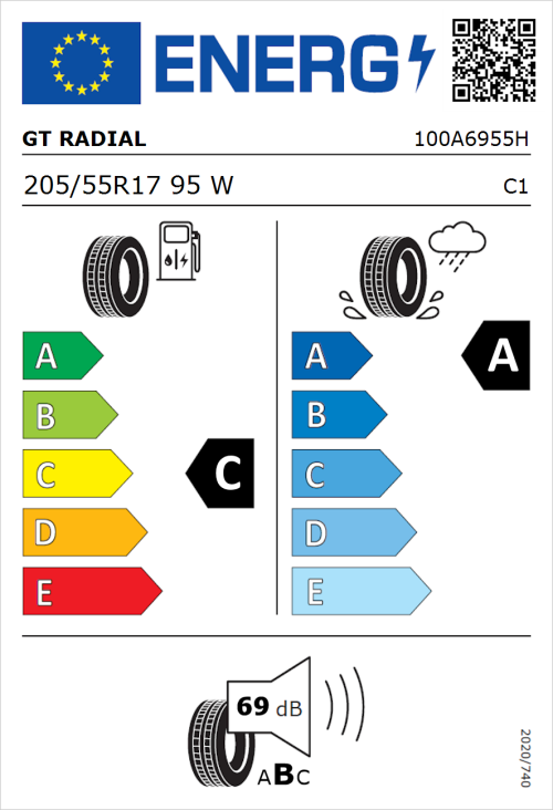 Tyre Label for GT Radial FE2 Evo 205/55R17 95W