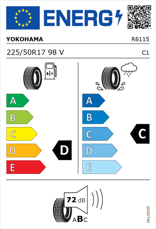 Tyre Label for Yokohama decibel E70D 225/50R17 98V